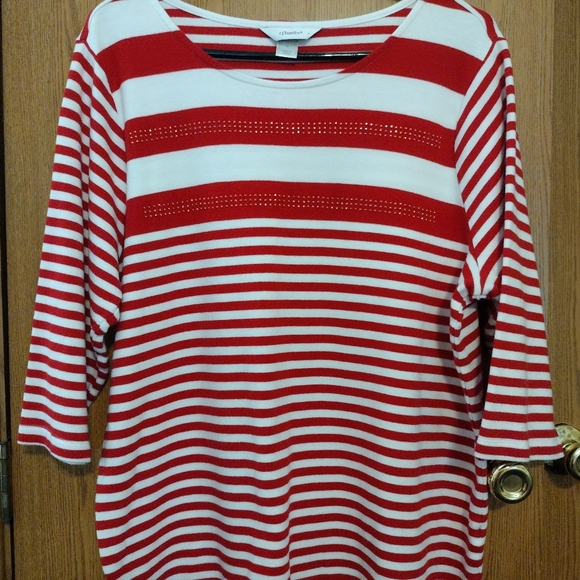 CJ Banks Tops - CJ Banks 1X Red White Striped Dazzled Nautical Boat neck 3/4 Sleeve Knit